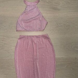 Pink Shimmer Two Piece Halter & Skirt Set | Size Small | Valentine’s Day Outfit